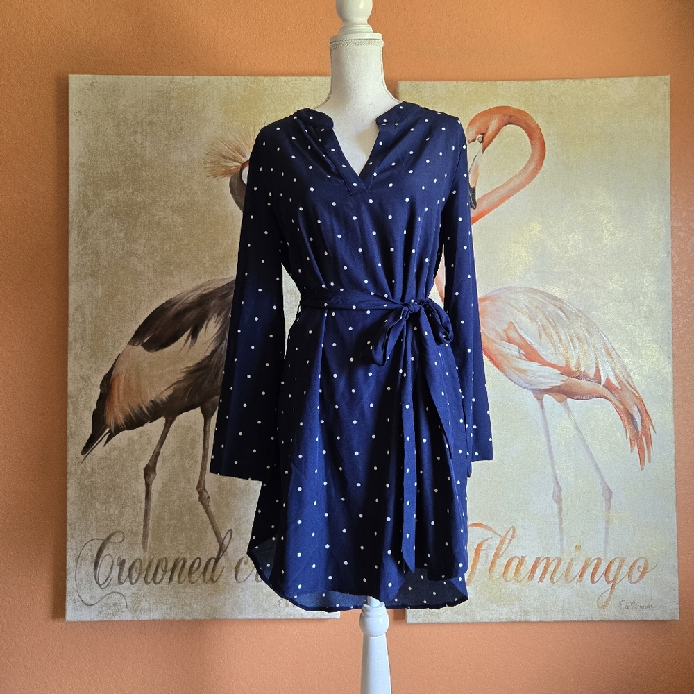 3/$25 Shein Polka Dot Dress Long Sleeve Belt Navy Blue White Large Shift Mini